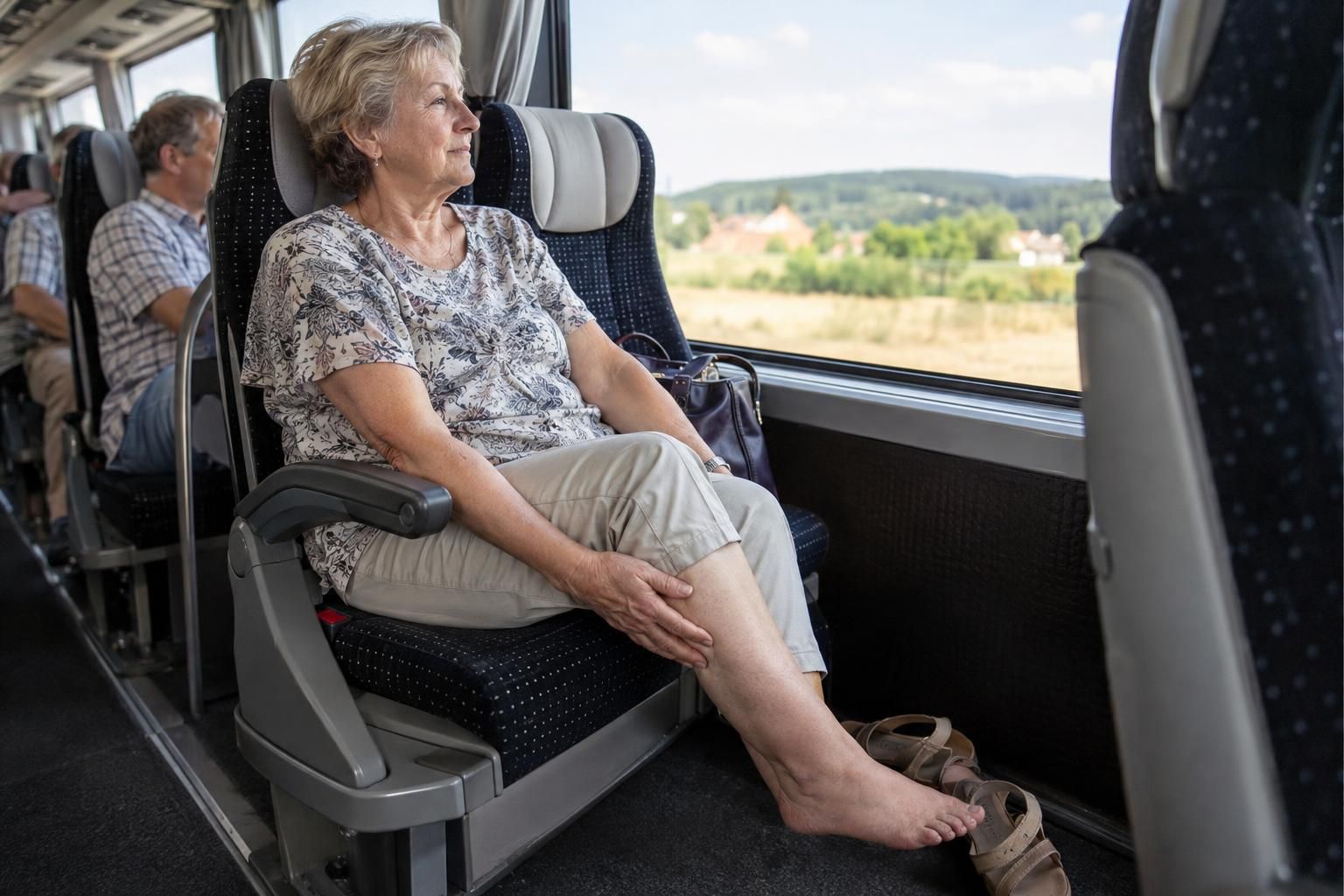 Žena okolo šesťdesiatpäť rokov s opuchnutými nohami sedí pri okne diaľkového autobusu, sandále má vyzuté, ruku na lýtku a pokojne sa pozerá na krajinu